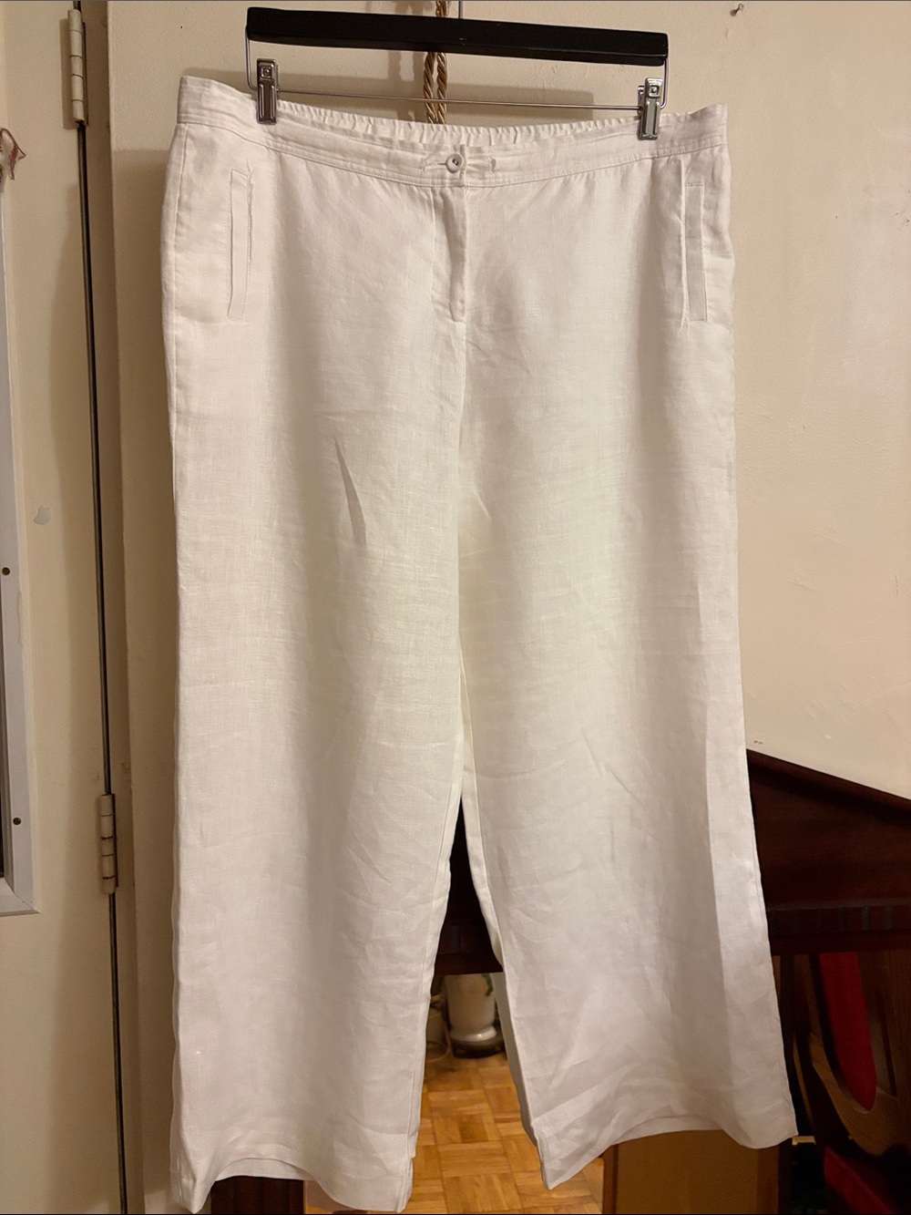 Women's White Straight-Leg Linen Blend Pants